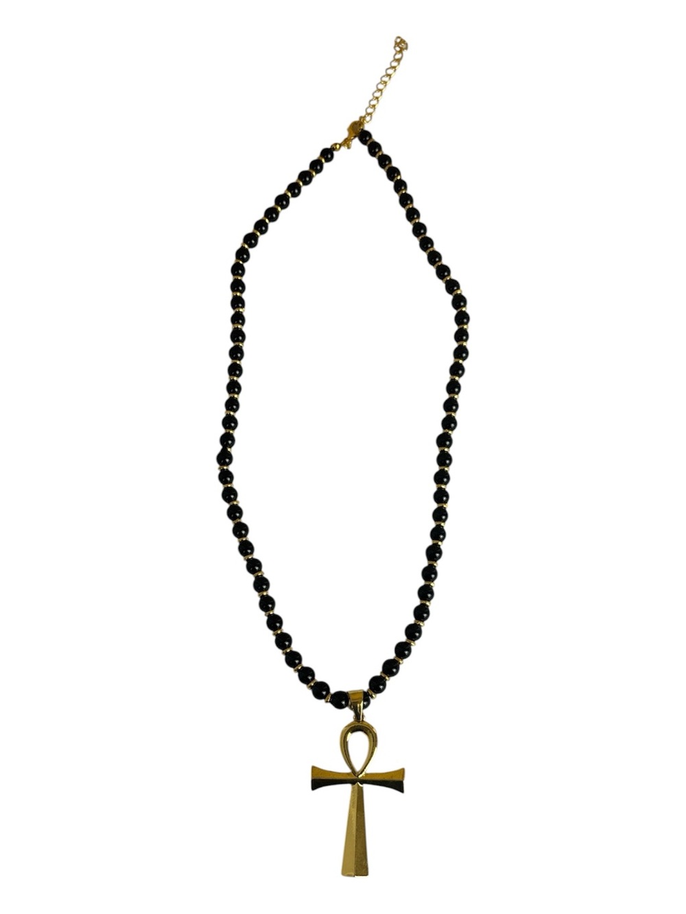 Gold Ankh Pendant with Black
Onyx Gemstone Beads necklace